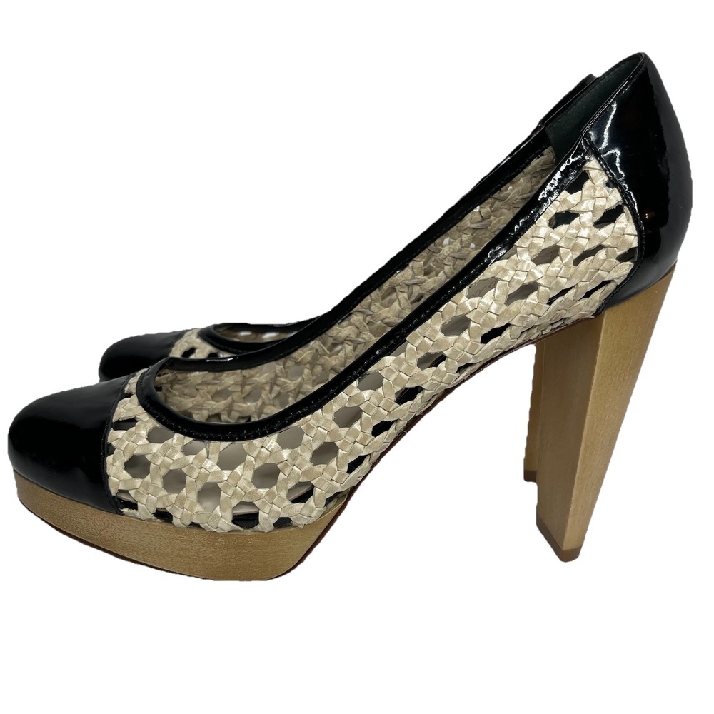 COLE HAAN Stephanie Air Ivory / Black Leather Woven Heel Pump 9 B $348